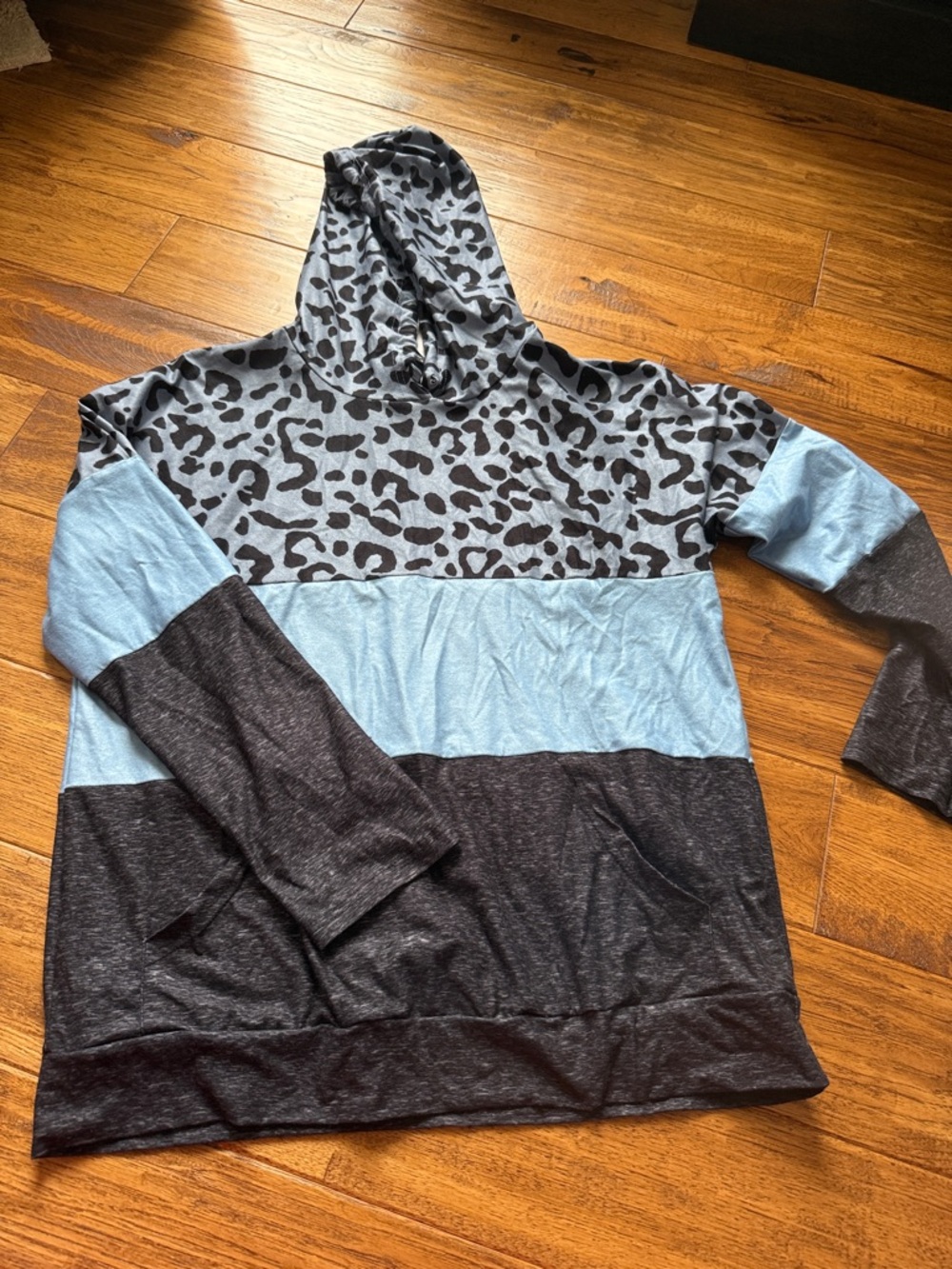 Light Blue & Charcoal Leopard Block Hoodie